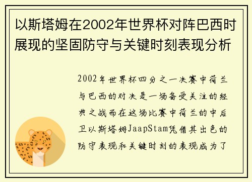 以斯塔姆在2002年世界杯对阵巴西时展现的坚固防守与关键时刻表现分析